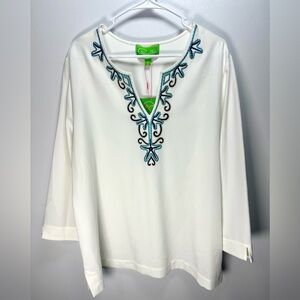 Cappagallo Elegant White V-Neck Blouse with Embroidered Detailing XL Resortwear